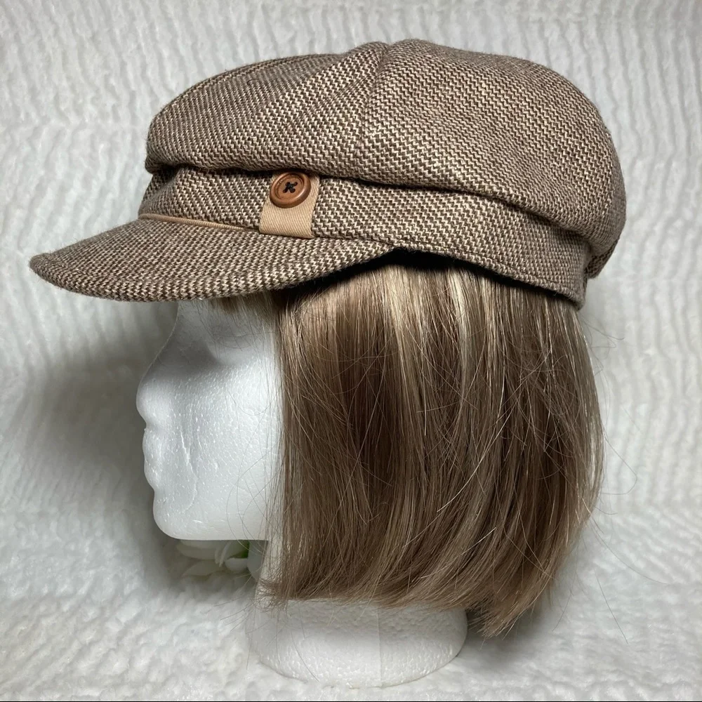 D&Y Newsboy Cap Brown Tweed Button Metallic Thread - Picture 8 of 16